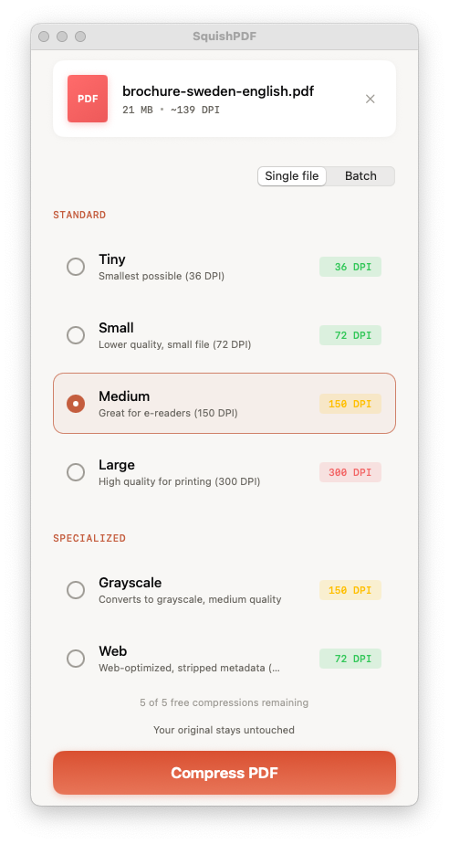 SquishPDF — Single file compression